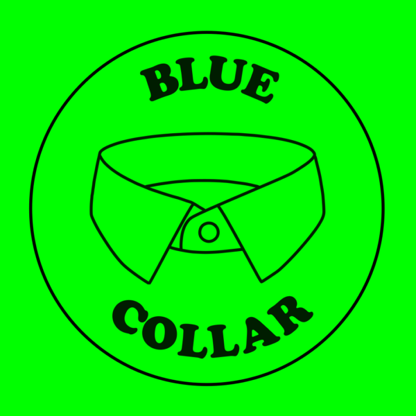 Sticker reading 'Blue Collar' with a line drawing of a shirt collar.