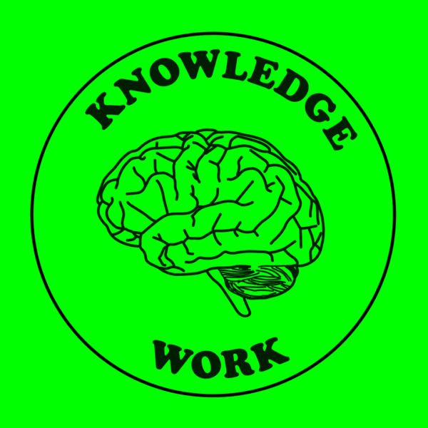 Sticker reading 'Knowledge Work' with a line drawing of brain.